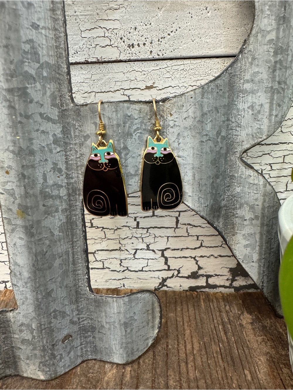 Vintage Laurel Burch Olivia Black Cat Mint Pink Enamel Dangle Earrings